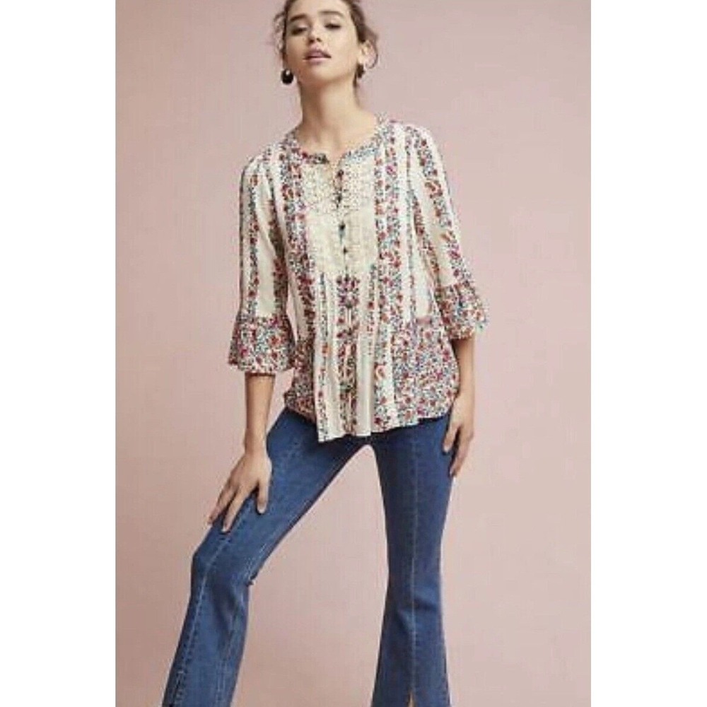 Maeve Anthropologie Floral Blouse Crochet Bohemian Button Front‎ Top US 0